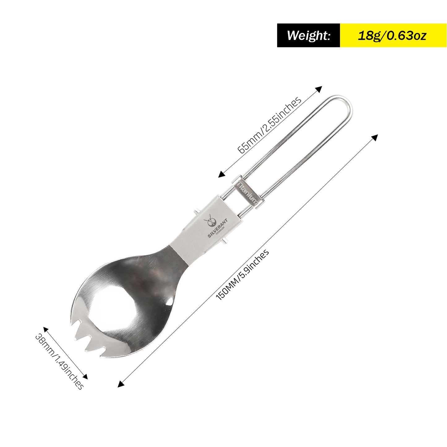 Ultralight Titanium Folding Spork with polished finish dimension and weight image