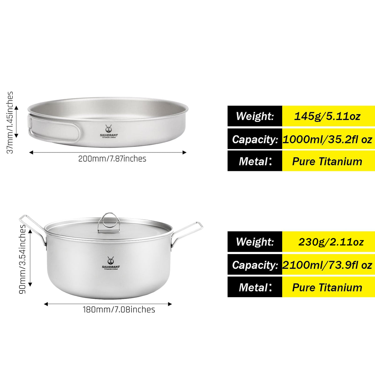 SilverAnt Ultralight Titanium Cookware Set - 2-Piece Titanium Pot & Titanium Pan - Camping Backpacking Pot & Pan Cook Ware Nesting Foldable Handles