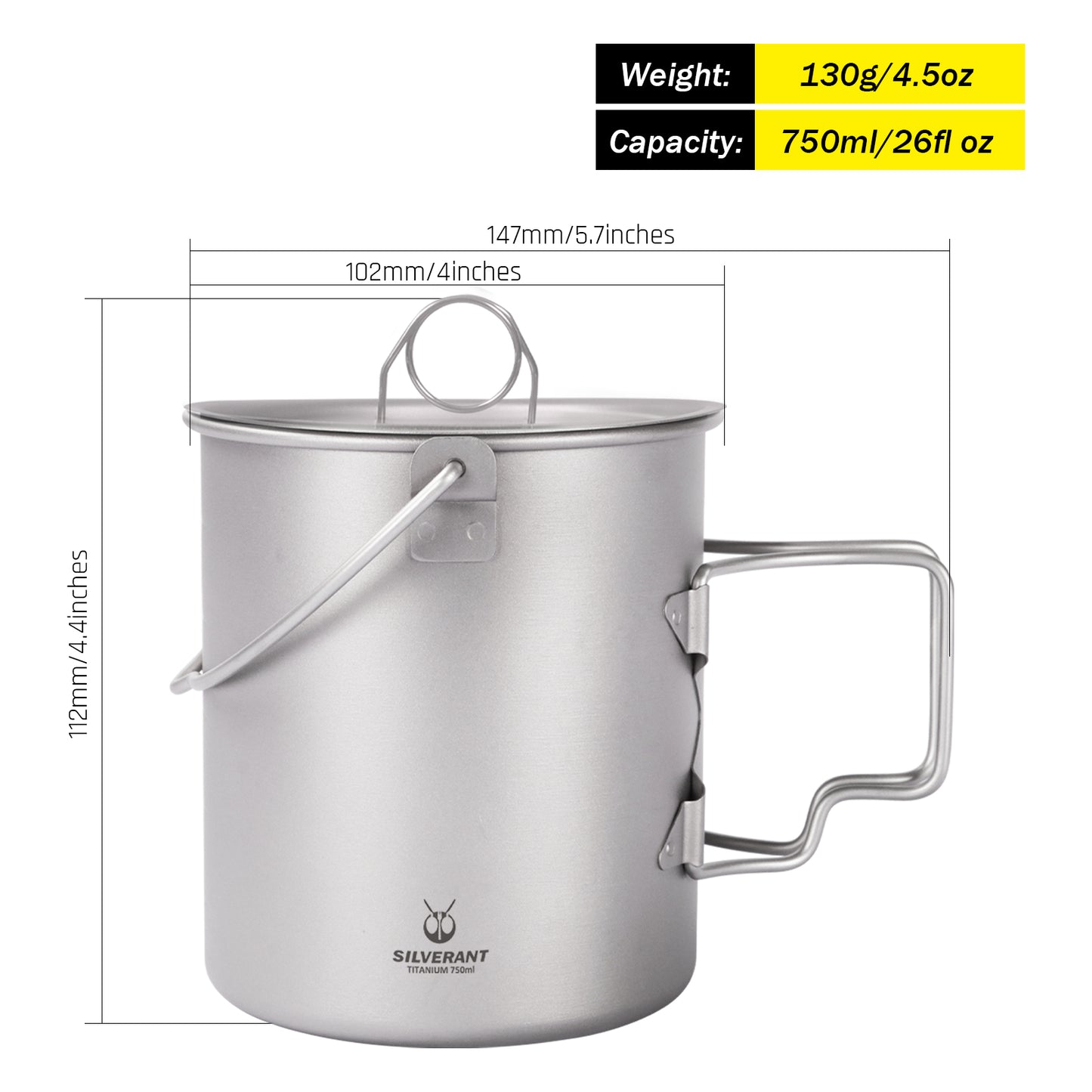 Titanium Pot 750ml/25 fl oz with Lid and Bail Handle - SilverAnt Outdoors