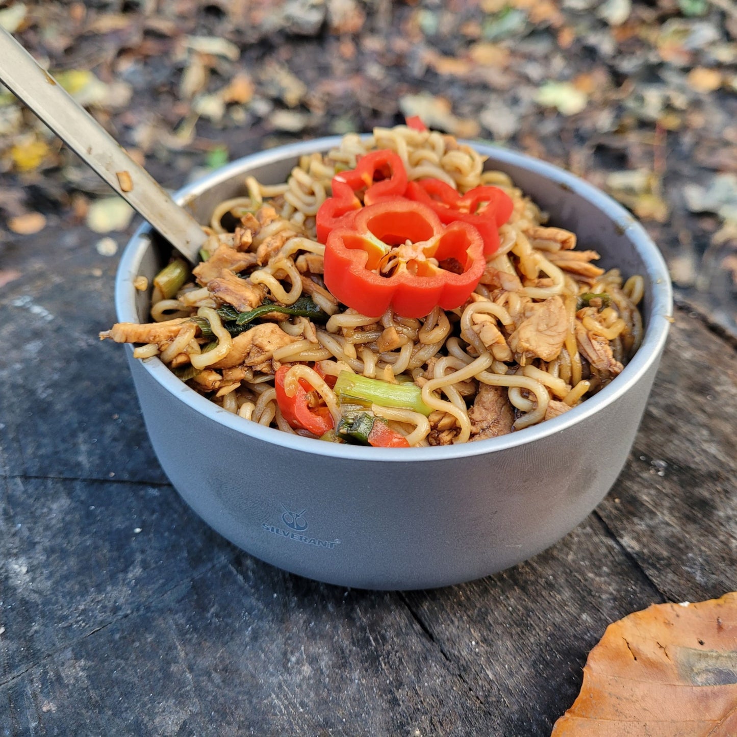 Titanium Backcountry Double-Wall Bowl 420ml/14.2fl oz - full of noodles on a tree stump