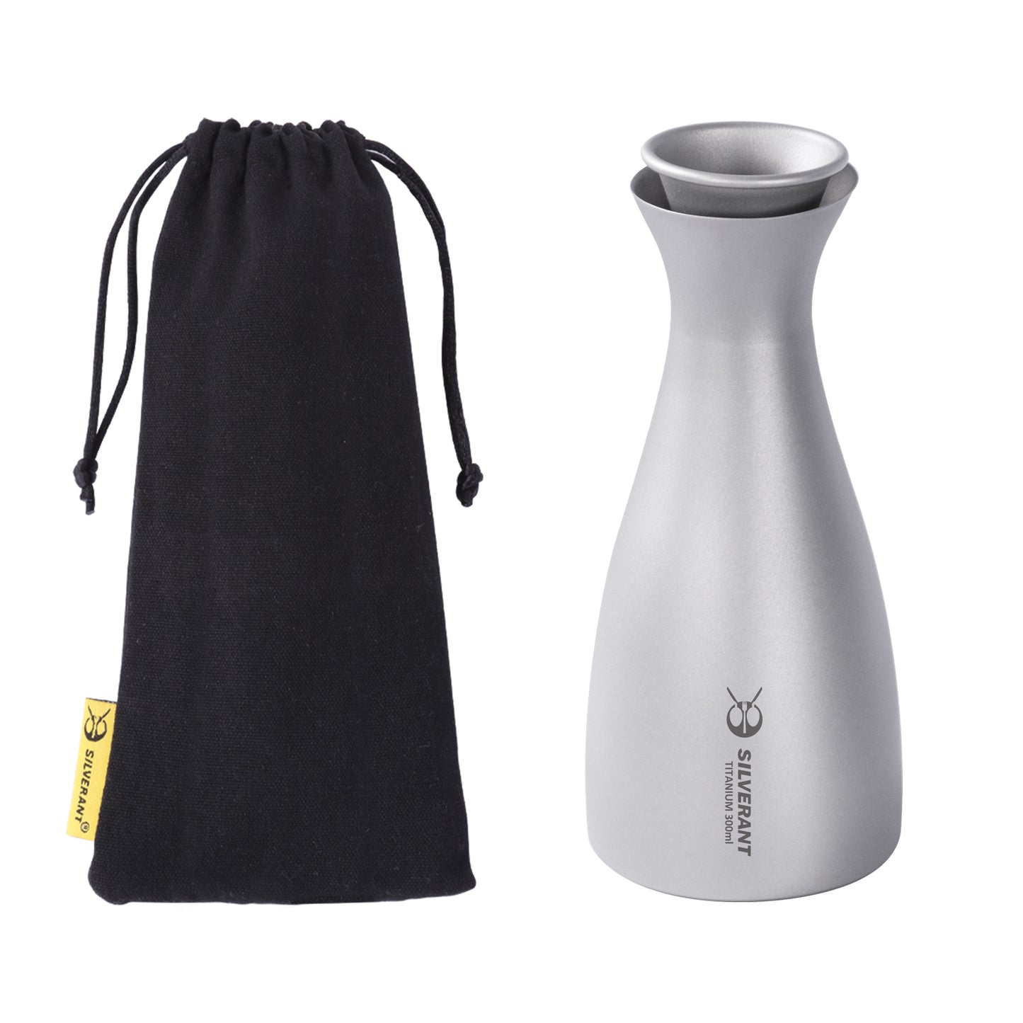 Titanium Sake Bottle - 330ml/10.5 fl oz and the black drawstring pouch - SilverAnt Outdoors