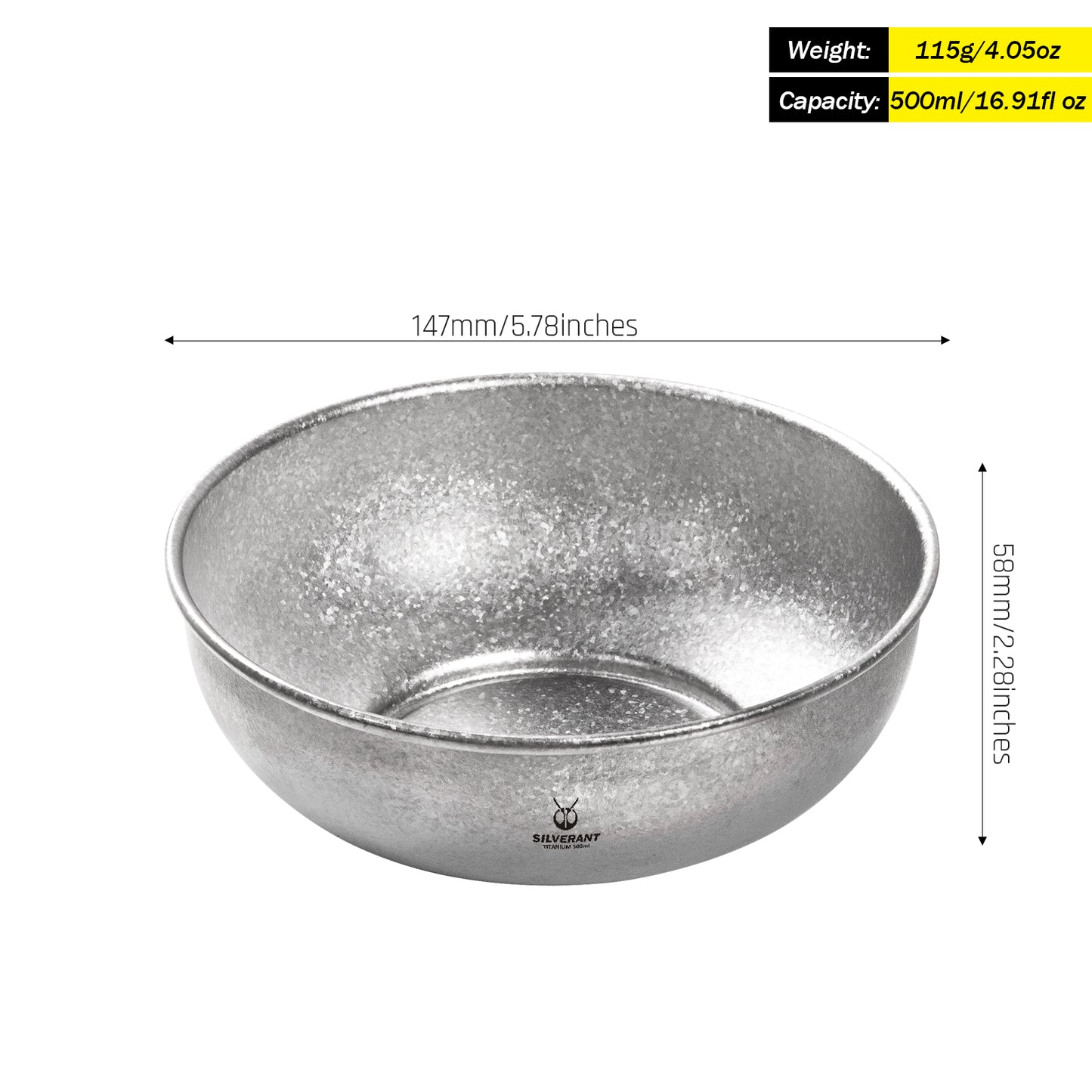 SilverAnt Titanium Camping Bowl 500ml/16.91 fl oz Crystallized Finish - dimension, weight, and capacity