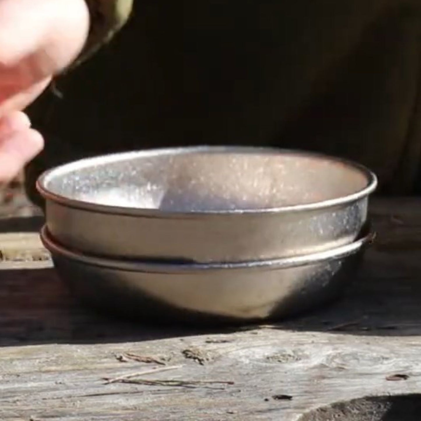 SilverAnt Titanium Camping Plate with a Crystallized Finish 300ml/10.15 fl oz - in use image - nesting the 500ml/16.90 fl oz bowl