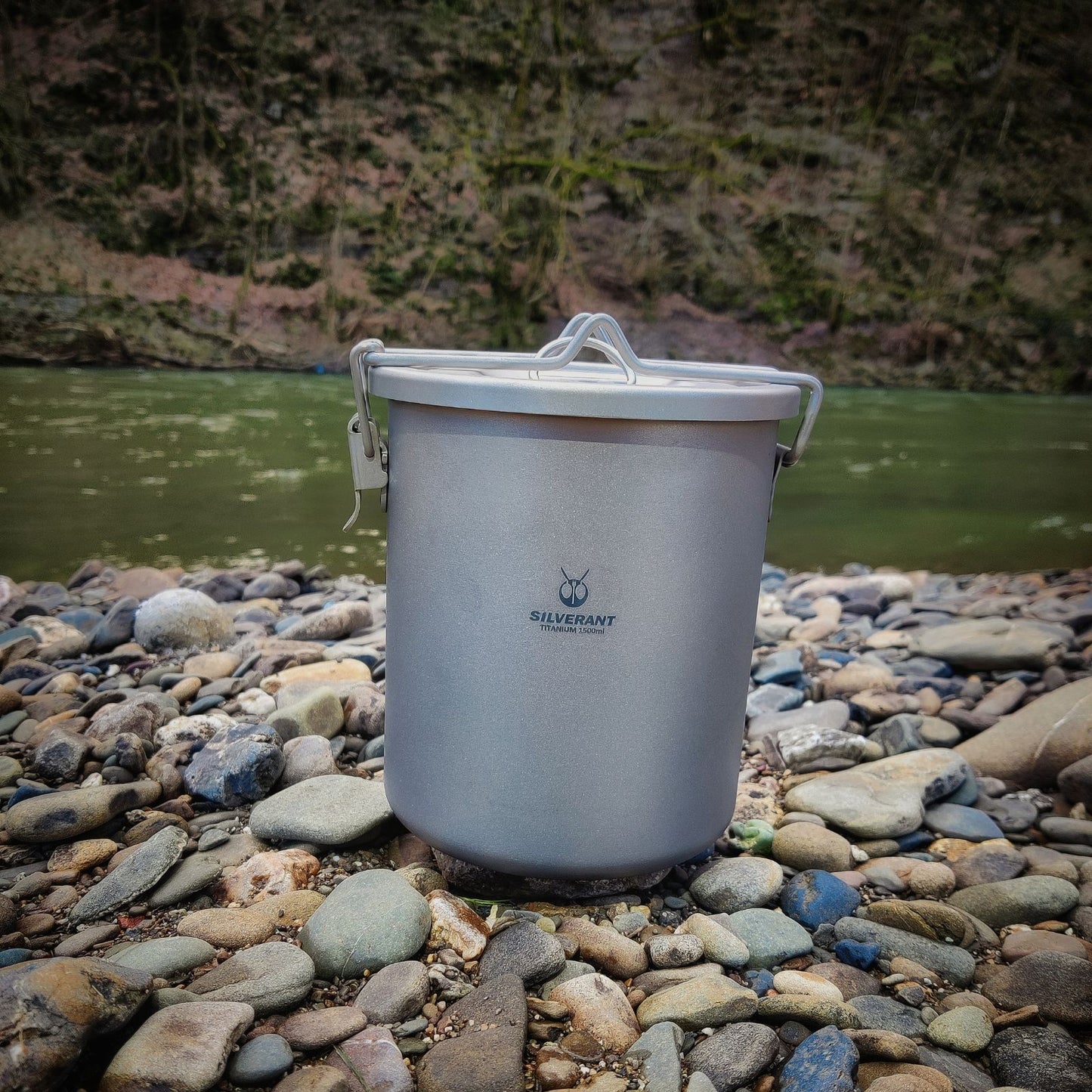 SilverAnt Titanium Rice Cooker - on a river bank covered by pebbles