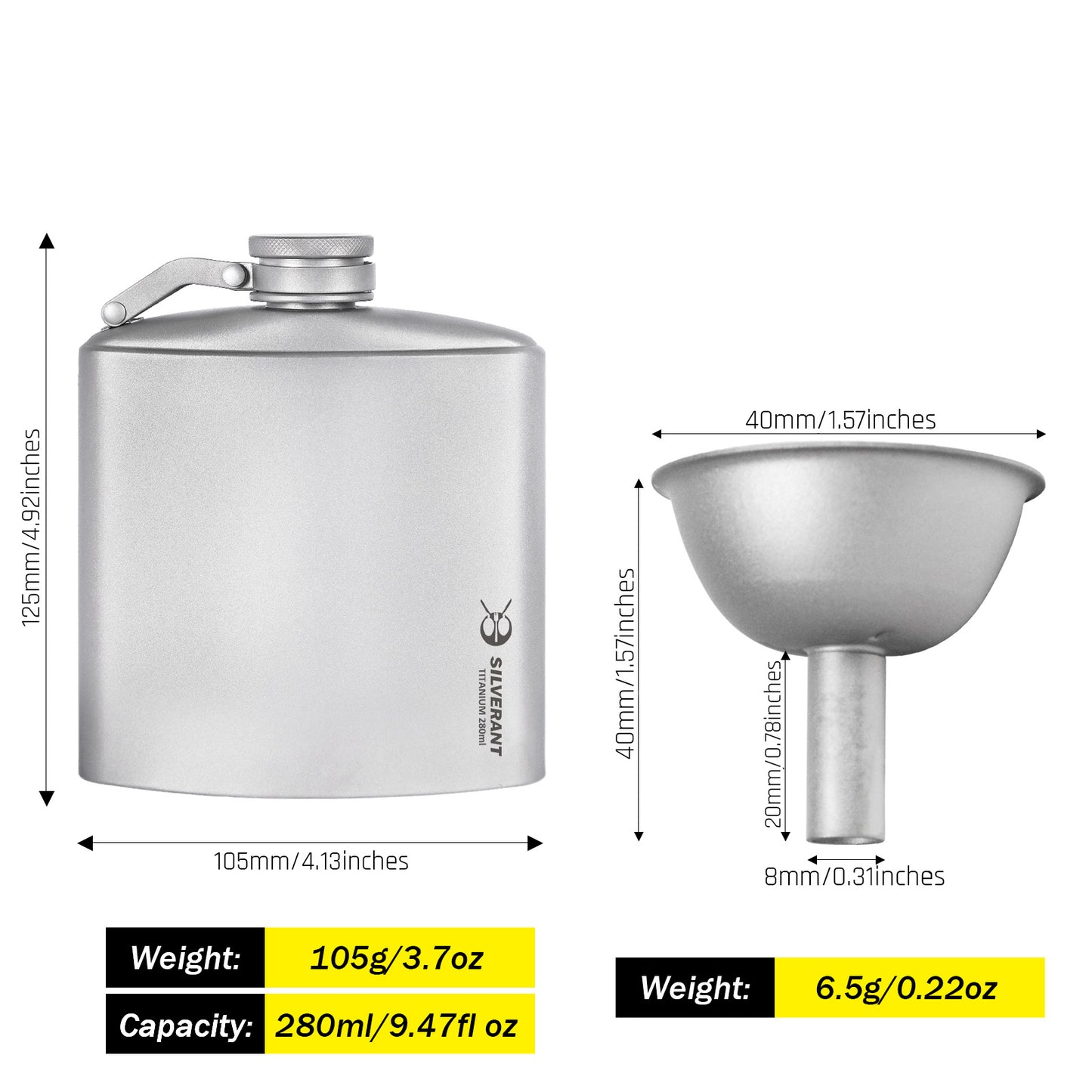 Titanium flask and funnel with dimensions and weight details on a white background
