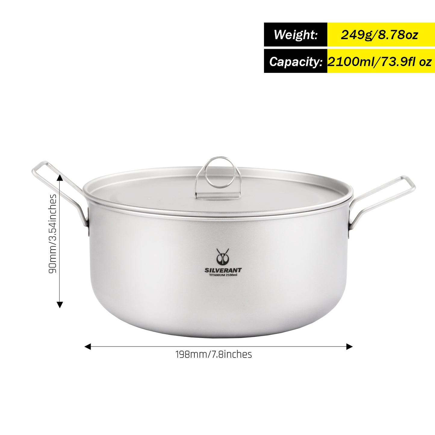 SilverAnt Titanium Camping Pot With Lid 2100ml/73.9 fl oz