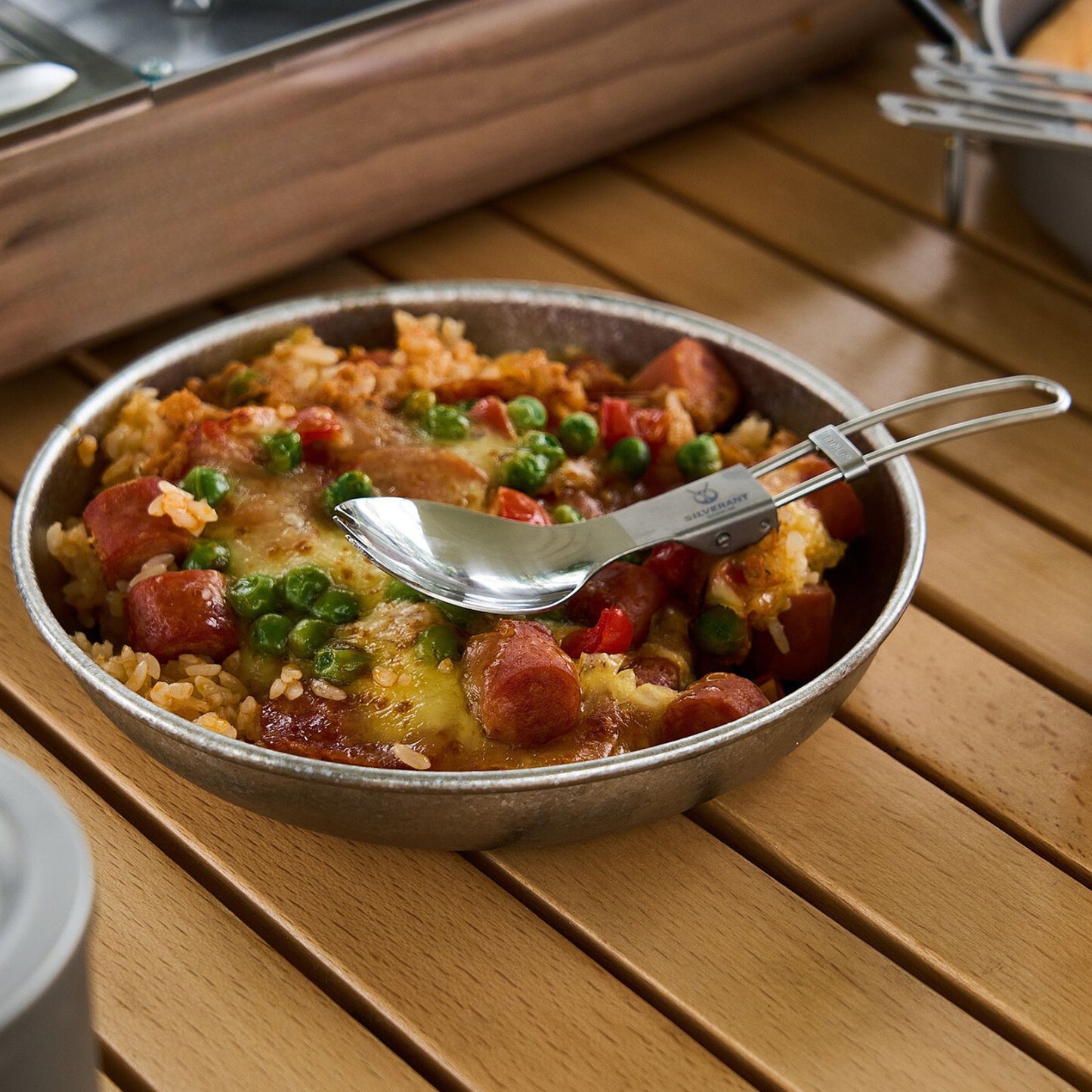 SilverAnt Titanium Camping Plate with a Crystallized Finish 400ml/13.53 fl oz - in use image - with fried rice in it