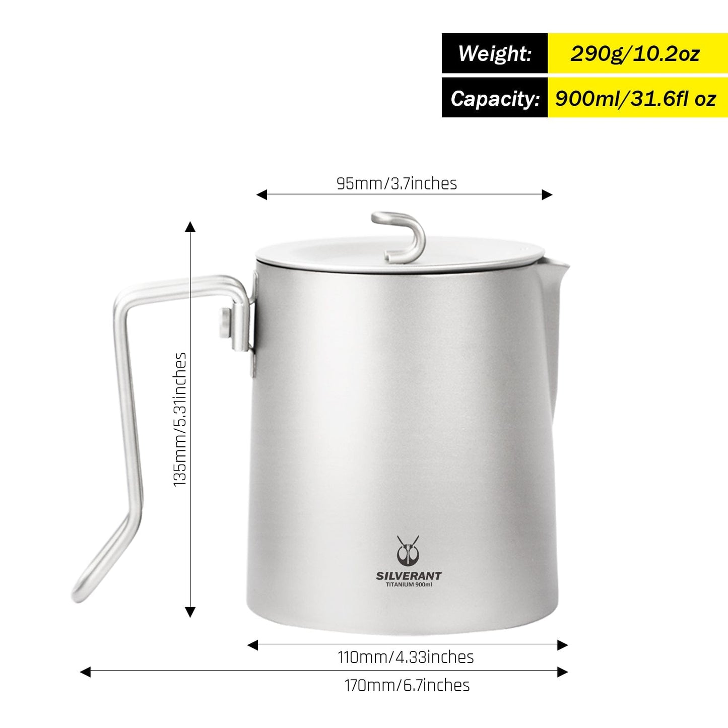 Titanium Pour Over Short Spout Kettle with Filter  - 900ml/31.6 fl oz - SilverAnt Outdoors