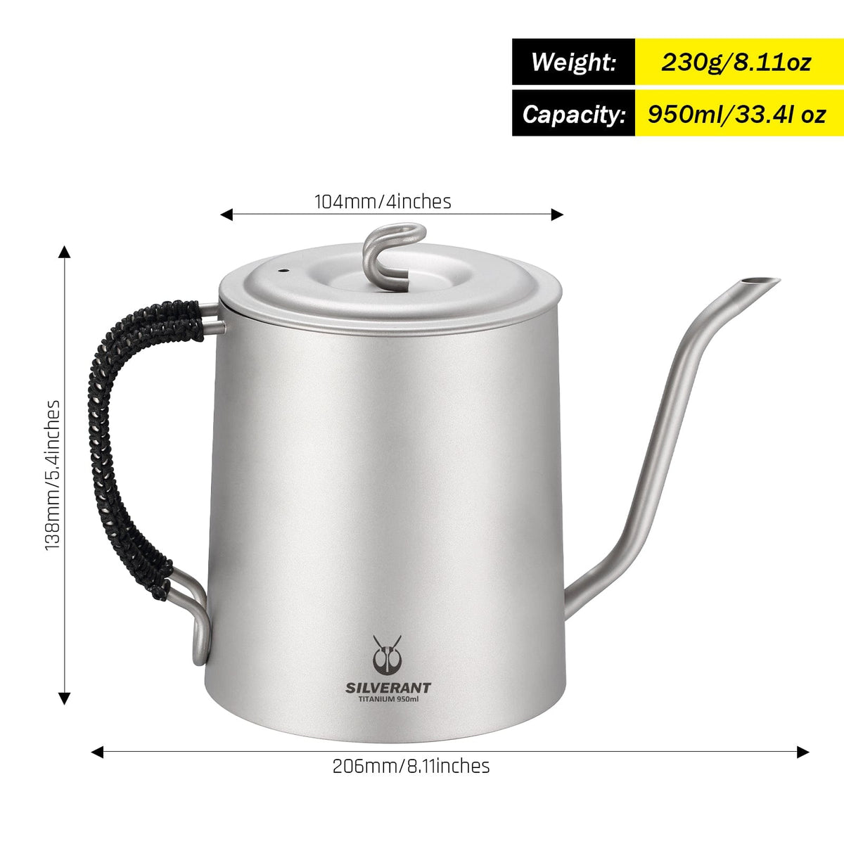 SilverAnt Tea Kettle 400ml/14fl oz - Ultralight Titanium Tea Pot Internal Ti Filter for Loose Leaf Tea - Biocompatible Crystallized Finish with Case