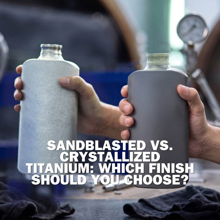 Sandblasting vs. Crystallised Titanium Slim Water Bottles with Factory Crystallisation Machine Background 