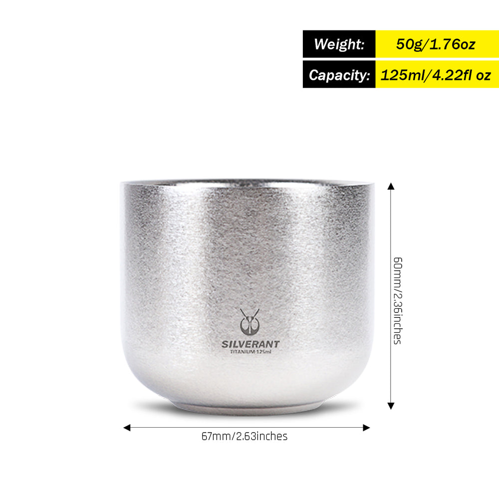 
                  
                    SilerAnt Outdoors Titanium Tea Cup Double Wall 125ml/4.22 fl oz Crystallized Finish - weight and dimension
                  
                