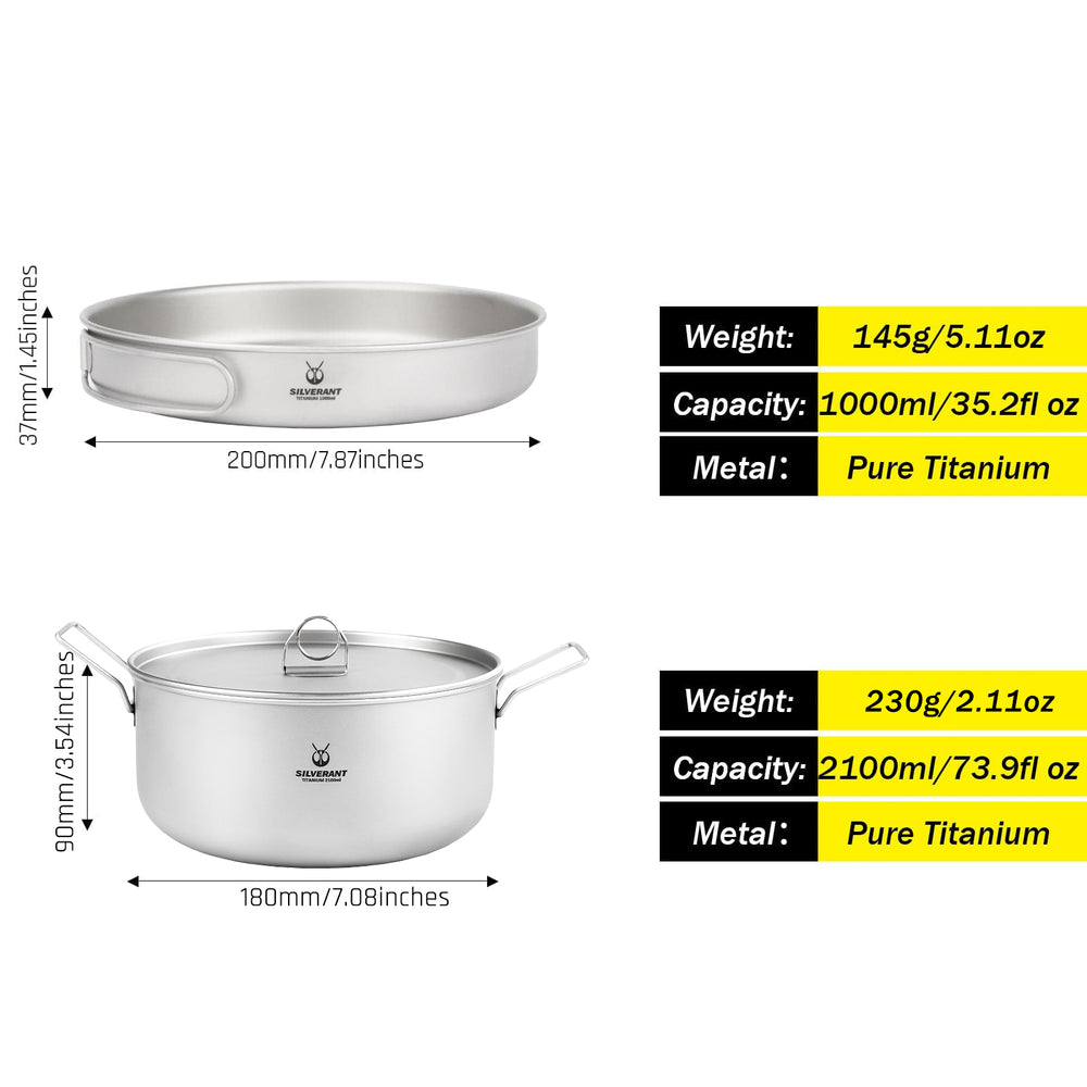 Large 2-Piece Titanium Pot & Pan Camping Cookware Set - capacity and dimension