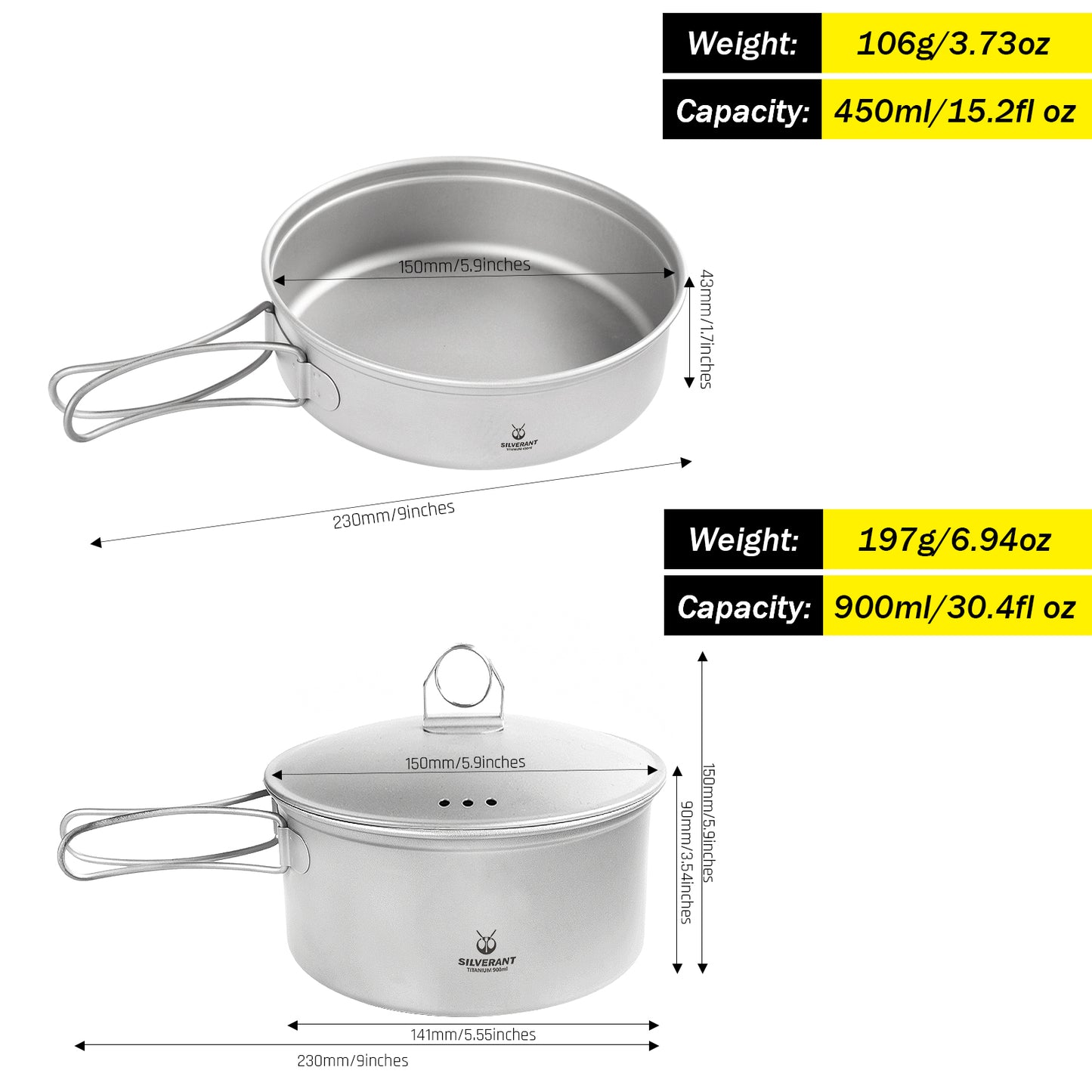 Ultralight 2-Piece Titanium Cookware Set - dimension and weight image