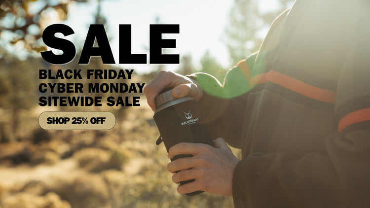 SilverAnt Titanium water bottle with sunset background and black friday deal information