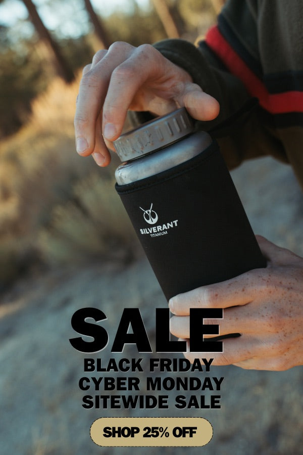 SilverAnt Titanium water bottle with sunset background and black friday deal information