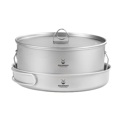 Large 2-Piece Titanium Pot & Pan Camping Cookware Set on a white background