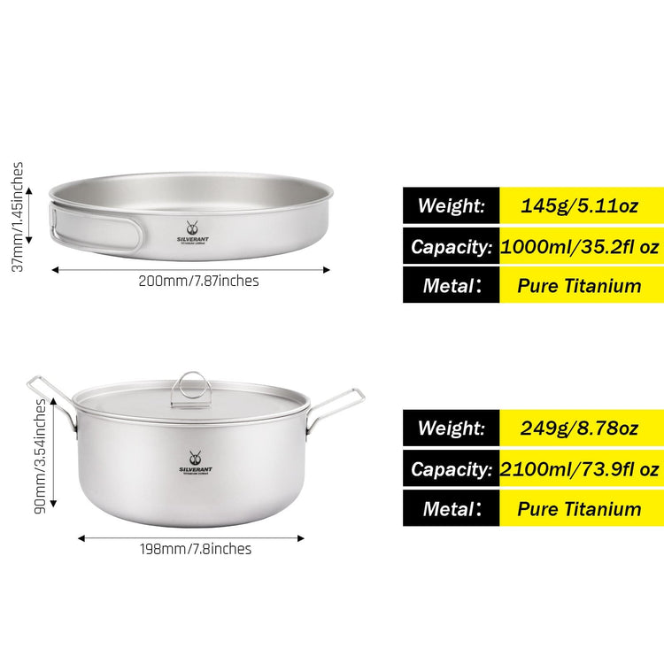 Large 2-Piece Titanium Pot & Pan Camping Cookware Set - with weight and dimensions