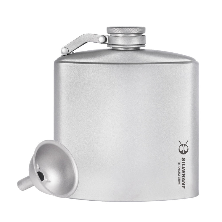 Silver flask with funnel on a white background