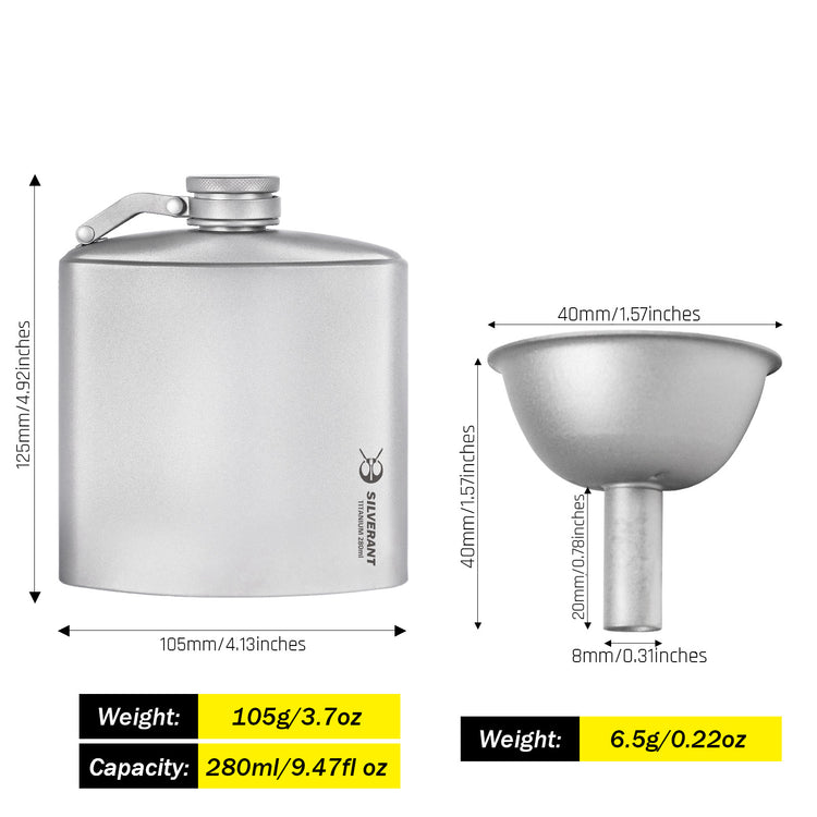 
                  
                    Titanium flask and funnel with dimensions and weight details on a white background
                  
                