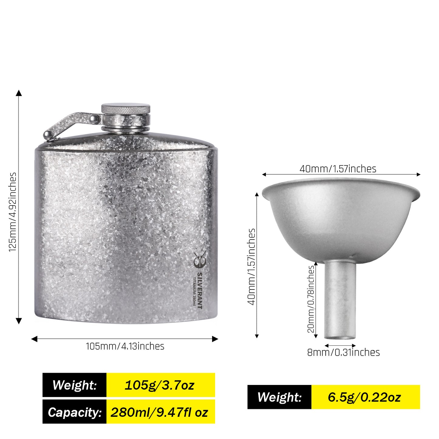 
                  
                    Measurement chart of a hip flask and funnel with dimensions and weight details.
                  
                