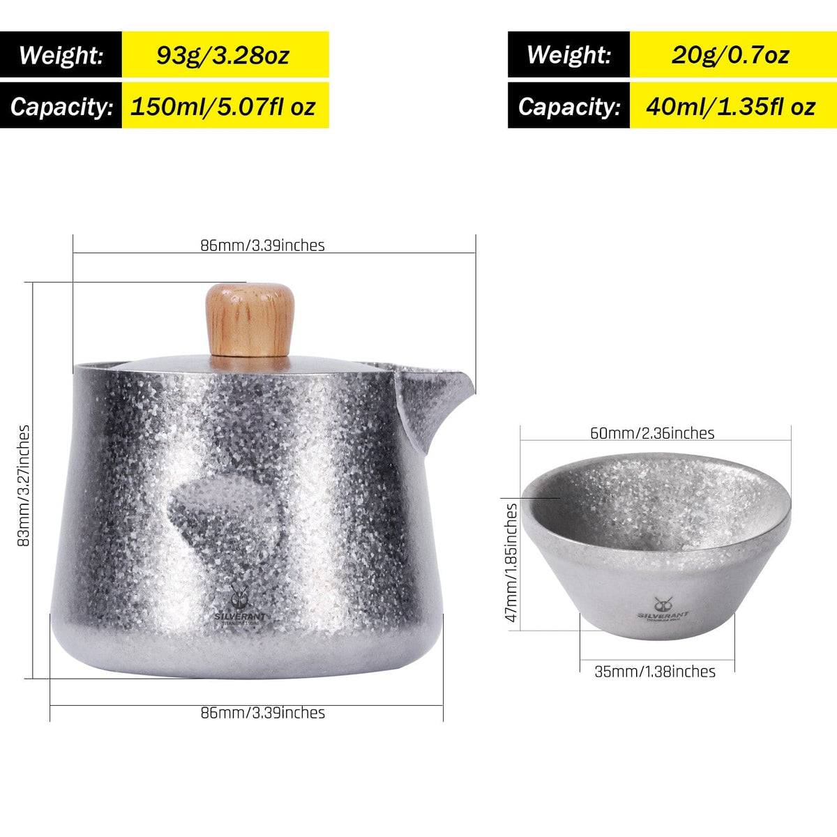 SilverAnt Crystallized Titanium Breeze Travel Teapot & Cups Set (weight, dimensions, and capacity)