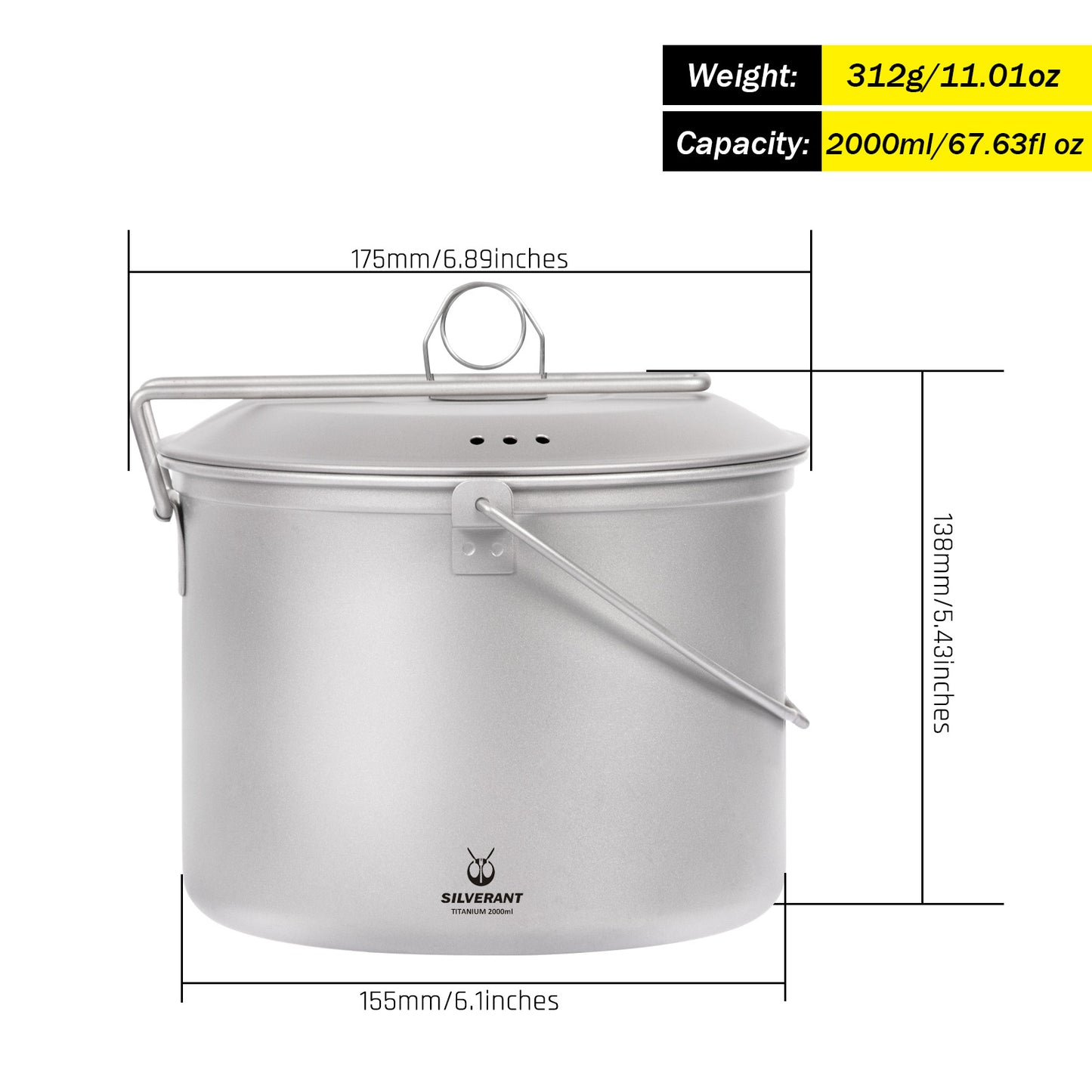 SilverAnt Large Titanium Camping Pot with Lid 2L/67.63 fl oz