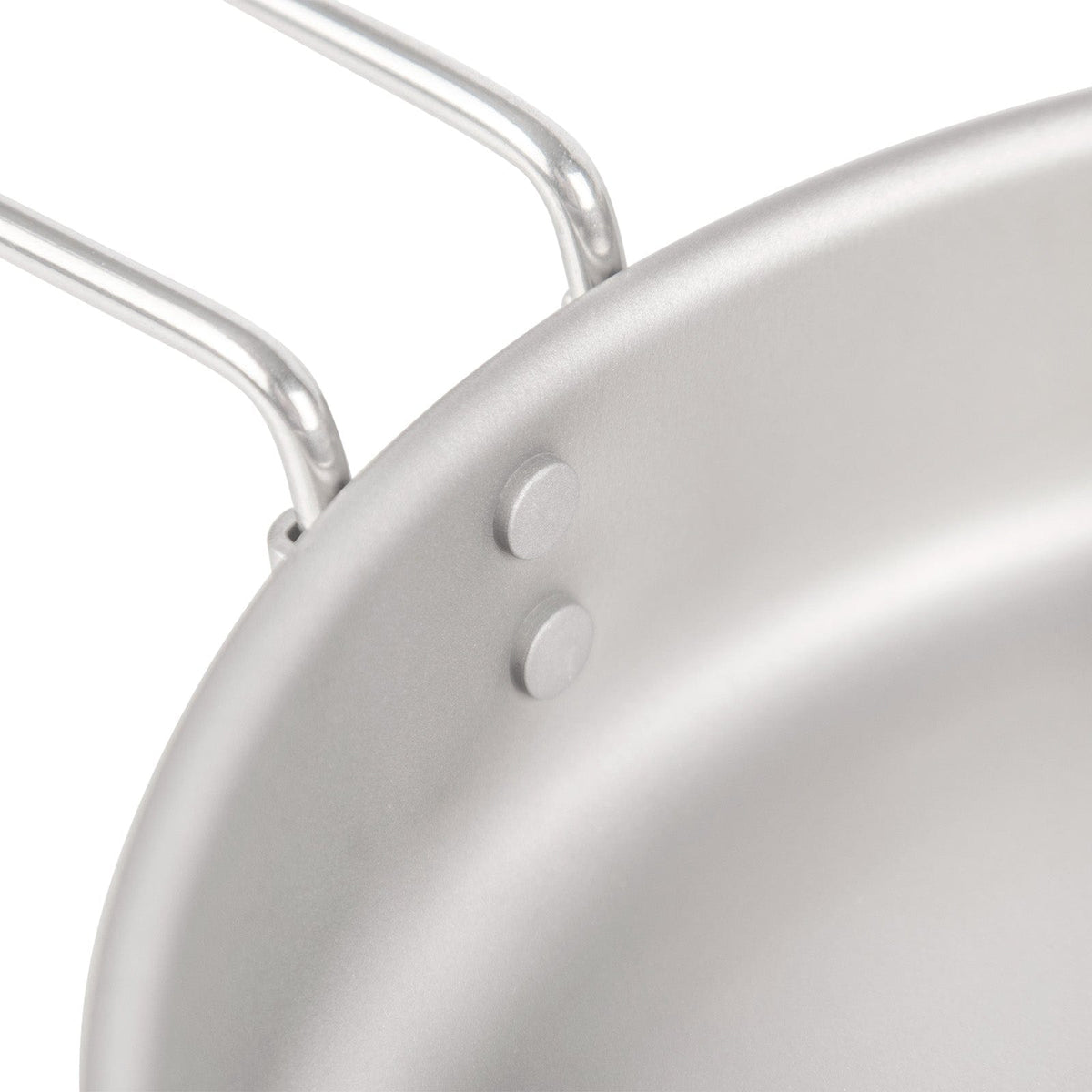 SilverAnt Medium 2-Piece Titanium Pot and Pan Camping Cookware Set - Titanium Frying Pan 750ml/26 fl oz close-up of handle and sandblasted finish