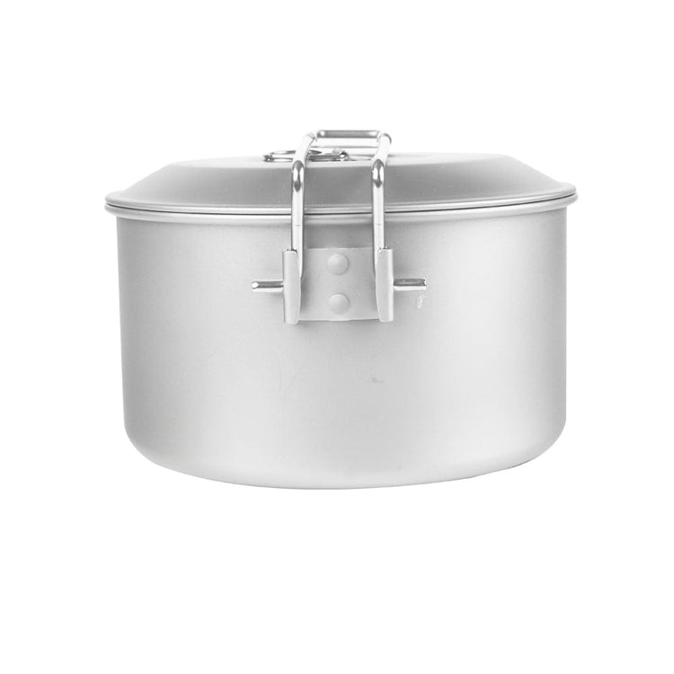 
                  
                    SilverAnt Medium 2-Piece Titanium Pot and Pan Camping Cookware Set - Camping Pot with Lid 1600ml/56.3 fl oz side view, sandblasted finish, handle hinge close-up
                  
                