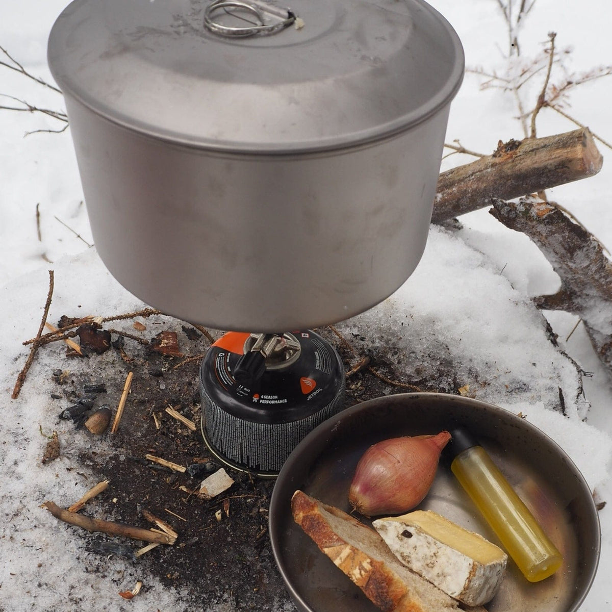 SilverAnt Medium 2-Piece Titanium Pot and Pan Camping Cookware Set 1600ml/54.1 fl oz - In-use (Close up in use photo)