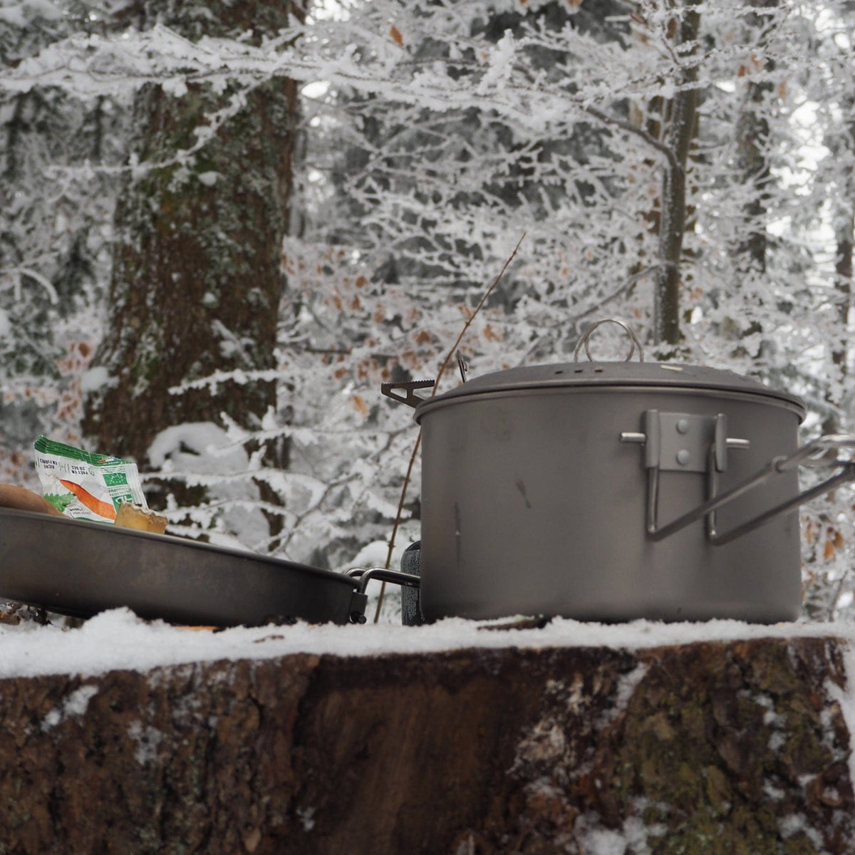 SilverAnt Medium 2-Piece Titanium Pot and Pan Camping Cookware Set 1600ml/54.1 fl oz - In-Use (Winter camping, lunch, camp meal)