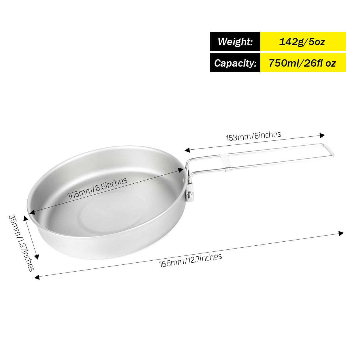 SilverAnt Medium 2-Piece Titanium Pot and Pan Camping Cookware Set -  Titanium Frying Pan 750ml/26 fl oz with dimensions