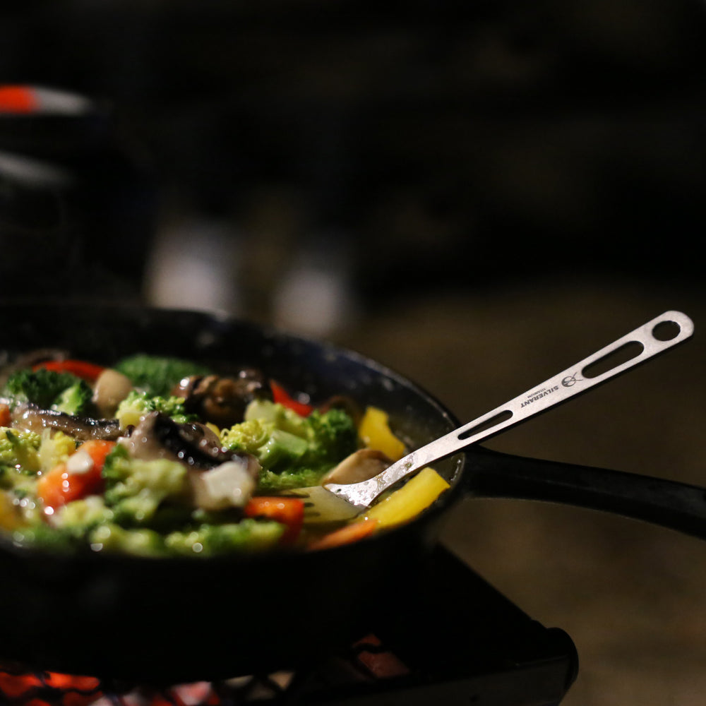 SilverAnt Outdoors Titanium Spoon In A Pan Cooking