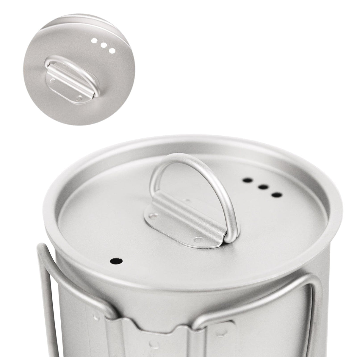 SilverAnt Titanium Coffee French Press Kit with Cup & Grounds Container - Close-up of 400ml Titanium Cup lid/top, tilted front view