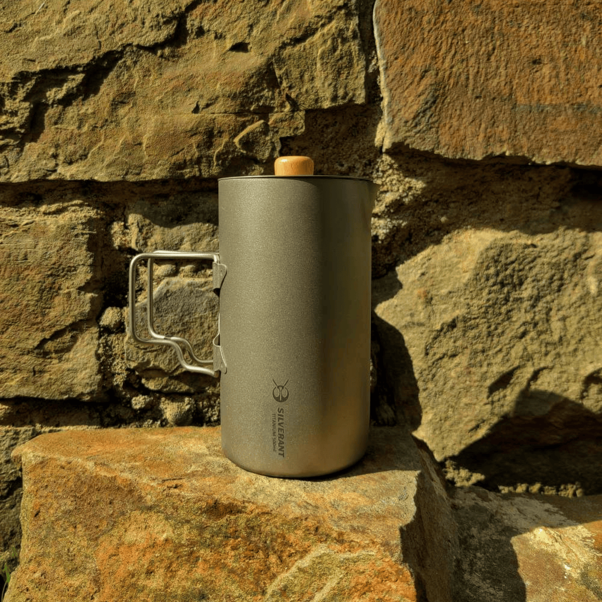 SilverAnt Titanium Coffee French Press Kit with Cup & Grounds Container - Coffee French Press lifestyle shot, actual product photo, real life setting