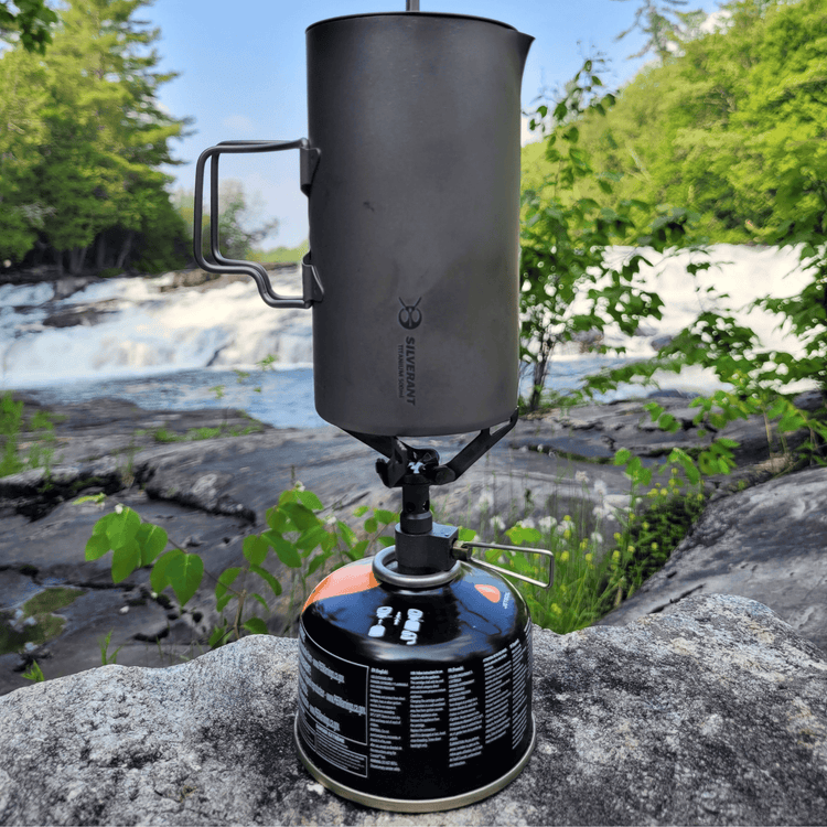
                  
                    SilverAnt Titanium Coffee French Press Kit with Cup & Grounds Container - Coffee French Press on a gas stove, actual product photo, real life use, in use, lifestyle shot
                  
                