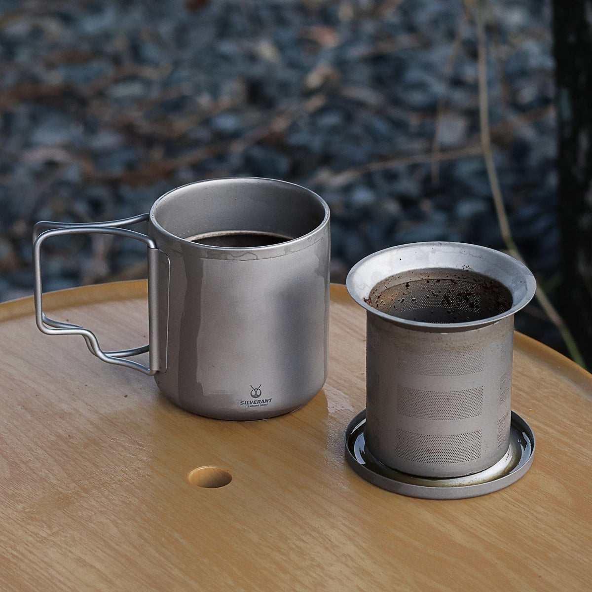 SilverAnt Titanium Double Wall Mug 300ml/10.14fl oz  - with folding handles - Actual product photo, lifestyle shot, camp coffee