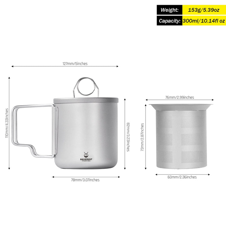 SilverAnt Titanium Double Wall Mug 300ml/10.14fl oz with Folding Handles - weight, dimensions, and capacity