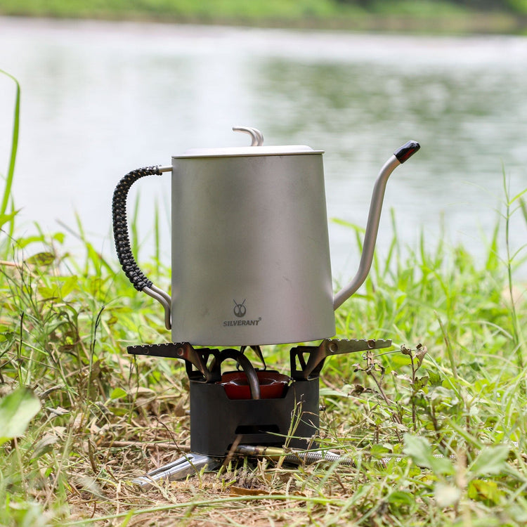 
                  
                    SilverAnt Titanium Pour Over Kettle Sandblasted 950ml/33.4 fl oz - Actual product photo, real life use, in outdoors setting, lifestyle shot
                  
                
