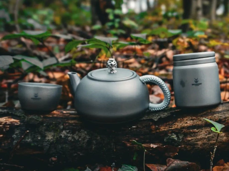 Teapot and cups on a log with a natural background