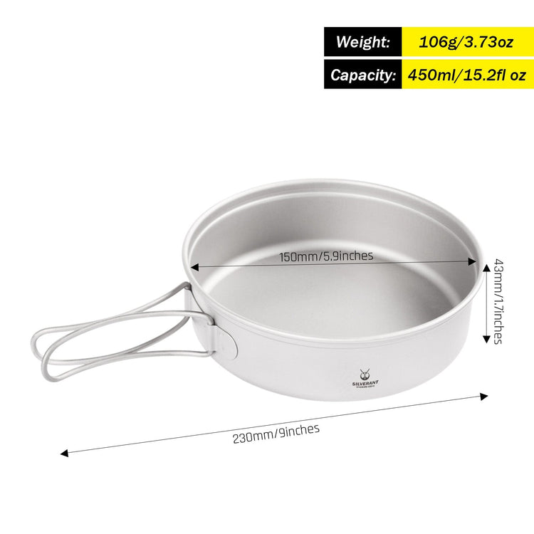 
                  
                    SilverAnt Ultralight 2-Piece Titanium Cookware Set - Titanium Frying Pan 450ml/15.2 fl oz with dimensions, weight, and capacity
                  
                