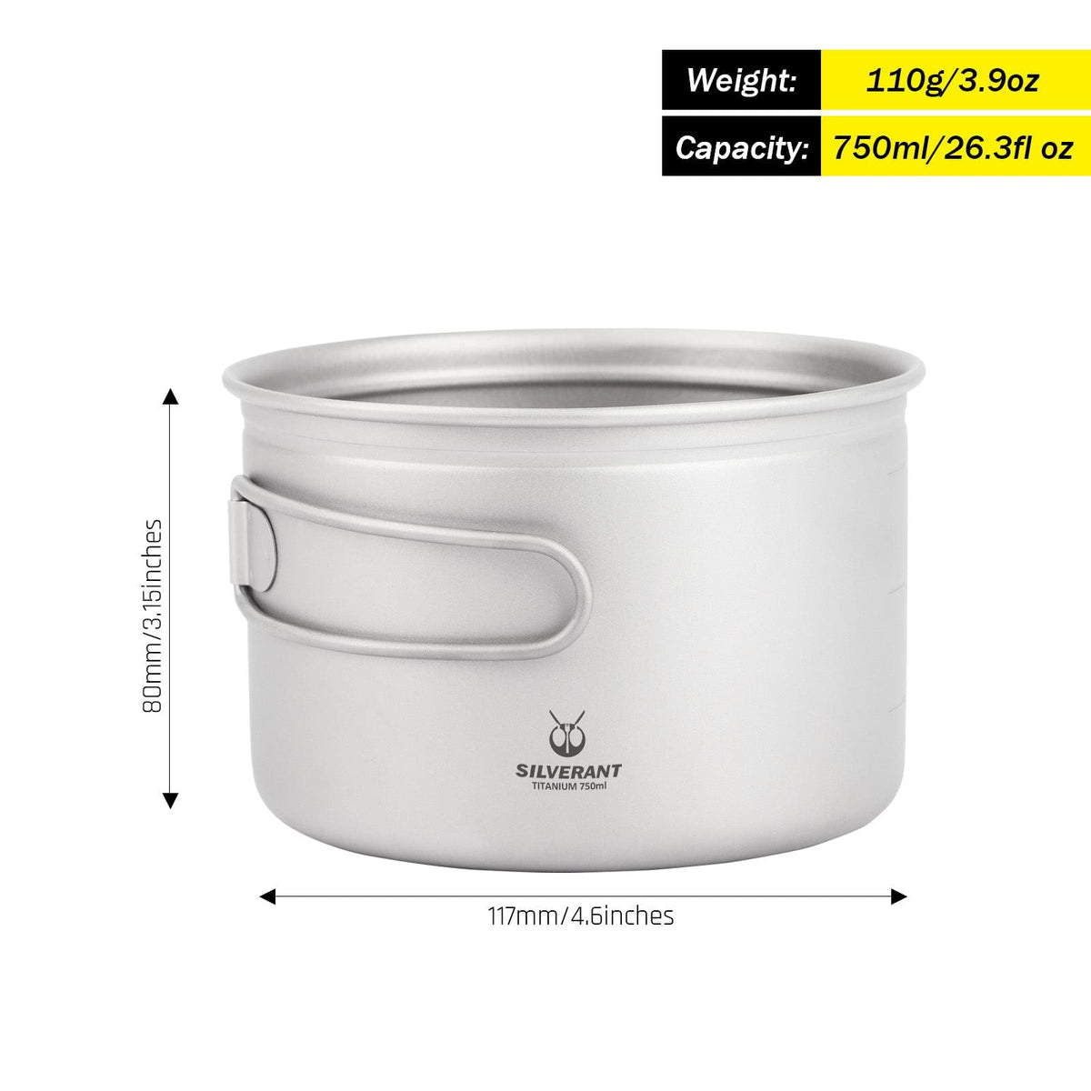 SilverAnt Ultralight 3-Piece Titanium Camping Cookware Set - Camping Pot 750ml/26.3 fl oz dimensions