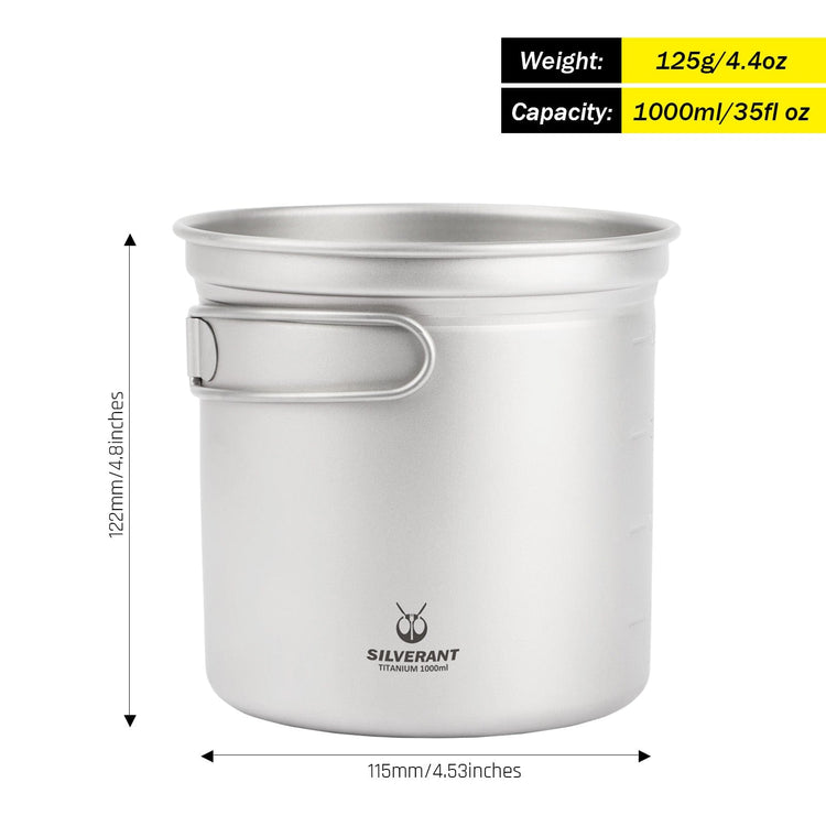 
                  
                    SilverAnt Ultralight 3-Piece Titanium Camping Cookware Set - Camping Pot 1000ml/35 fl oz with dimensions
                  
                