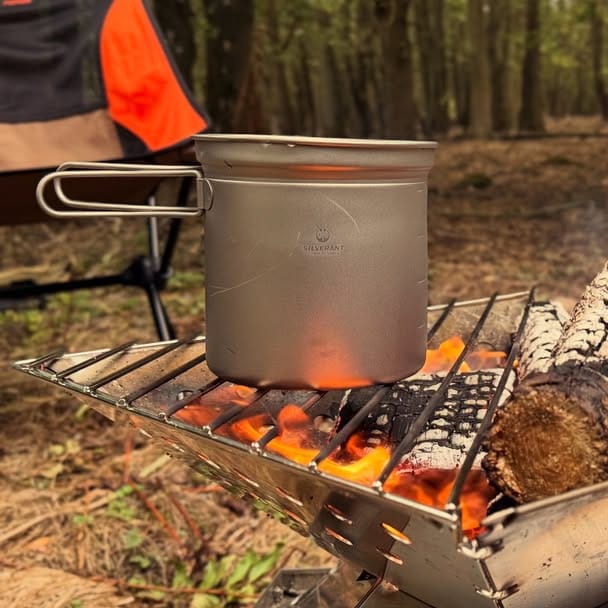
                  
                    SilverAnt Ultralight 3-Piece Titanium Camping Cookware Set - In-Use (grill top, coal cooking, woods)
                  
                