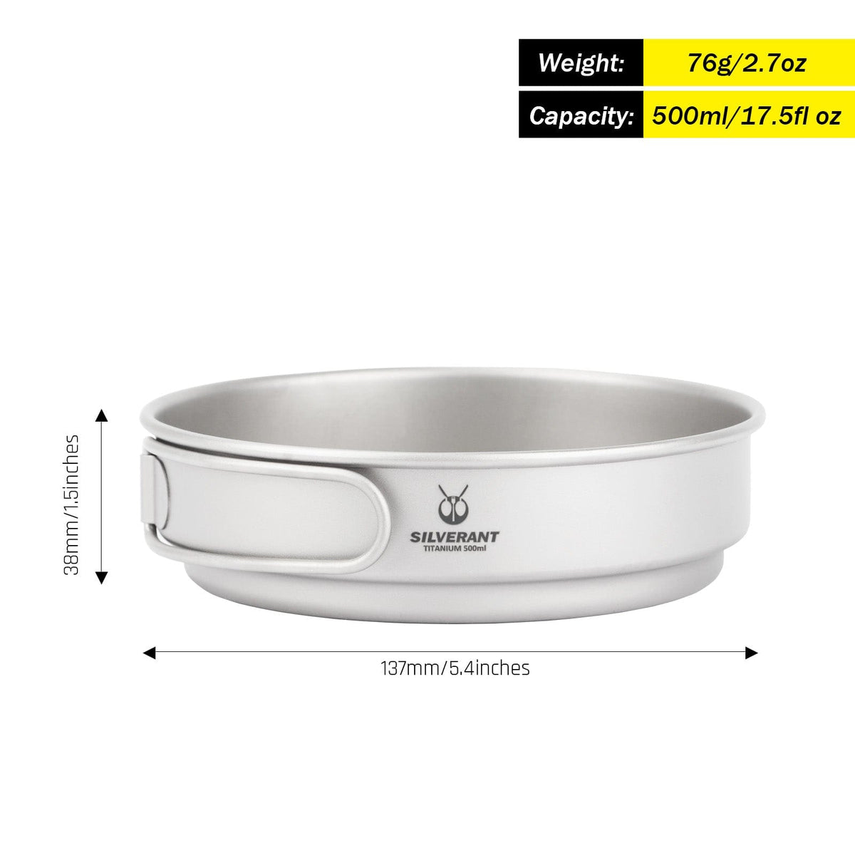 SilverAnt Ultralight 3-Piece Titanium Camping Cookware Set - Frying Pan 500ml/17.5 fl oz dimensions
