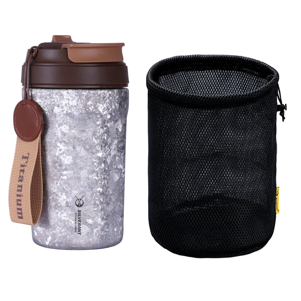 SilverAnt Ultralight Crystallized Titanium Insulated Travel Coffee Mug with Lid 400ml/14 fl oz Classic Silver - with Drawstring Mesh bag included with purchase