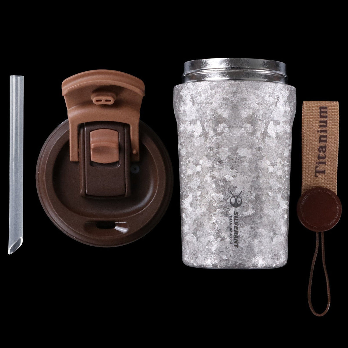 SilverAnt Ultralight Crystallized Titanium Insulated Travel Coffee Mug with Lid 400ml/14 fl oz Classic Silver - All parts laid on a black background, top aerial view