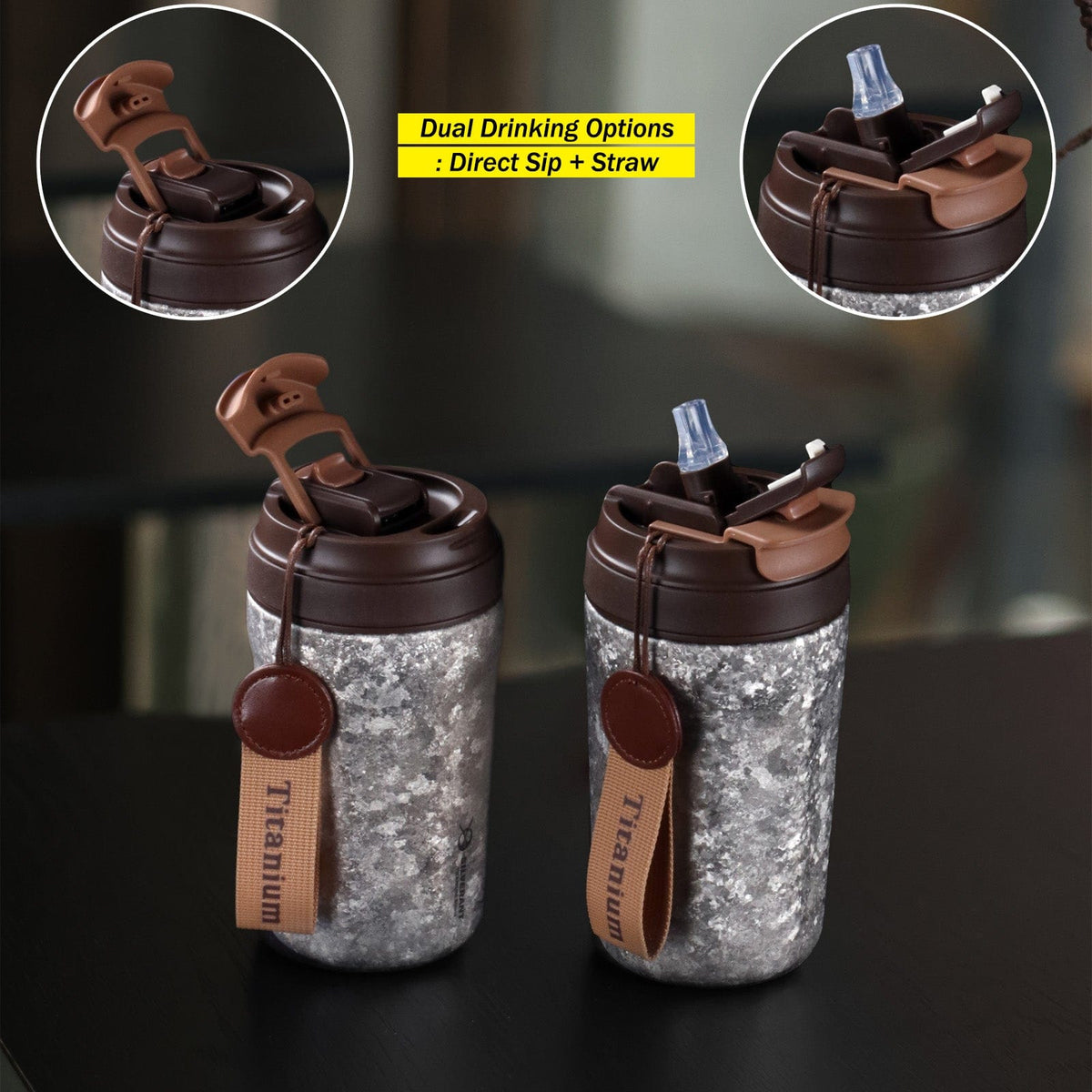 SilverAnt Ultralight Crystallized Titanium Insulated Travel Coffee Mug with Lid 400ml/14 fl oz Classic Silver - Showing two drinking options, direct sip or straw