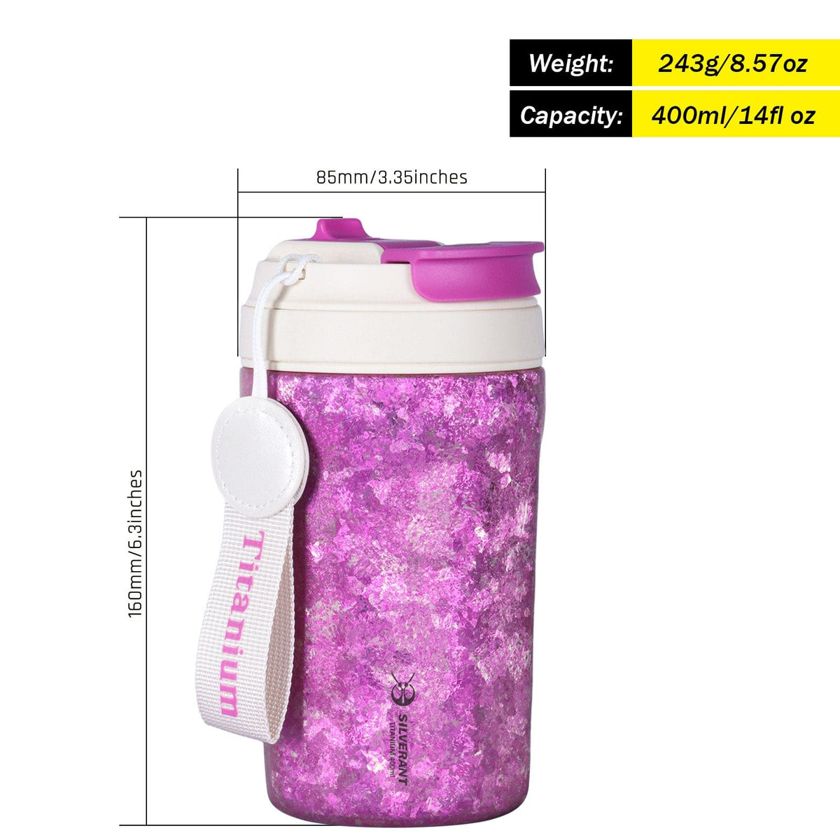 SilverAnt Ultralight Crystallized Titanium Insulated Travel Coffee Mug with Lid 400ml/14 fl oz Bold Purple - Weight, dimensions, and capacity