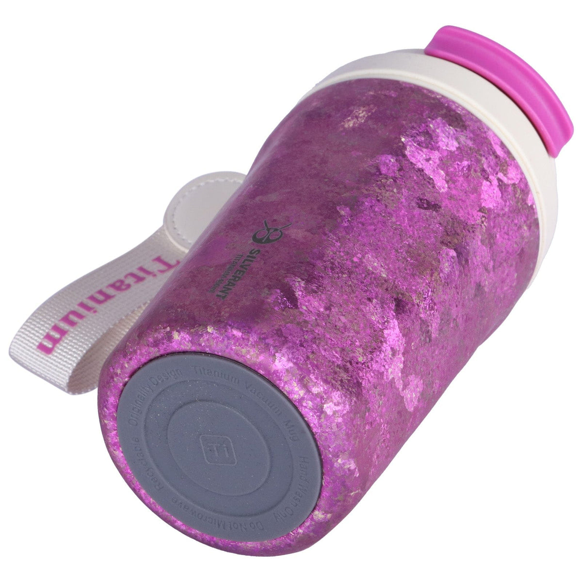 SilverAnt Ultralight Crystallized Titanium Insulated Travel Coffee Mug with Lid 400ml/14 fl oz Bold Purple - Laid down on its side, bottom showing