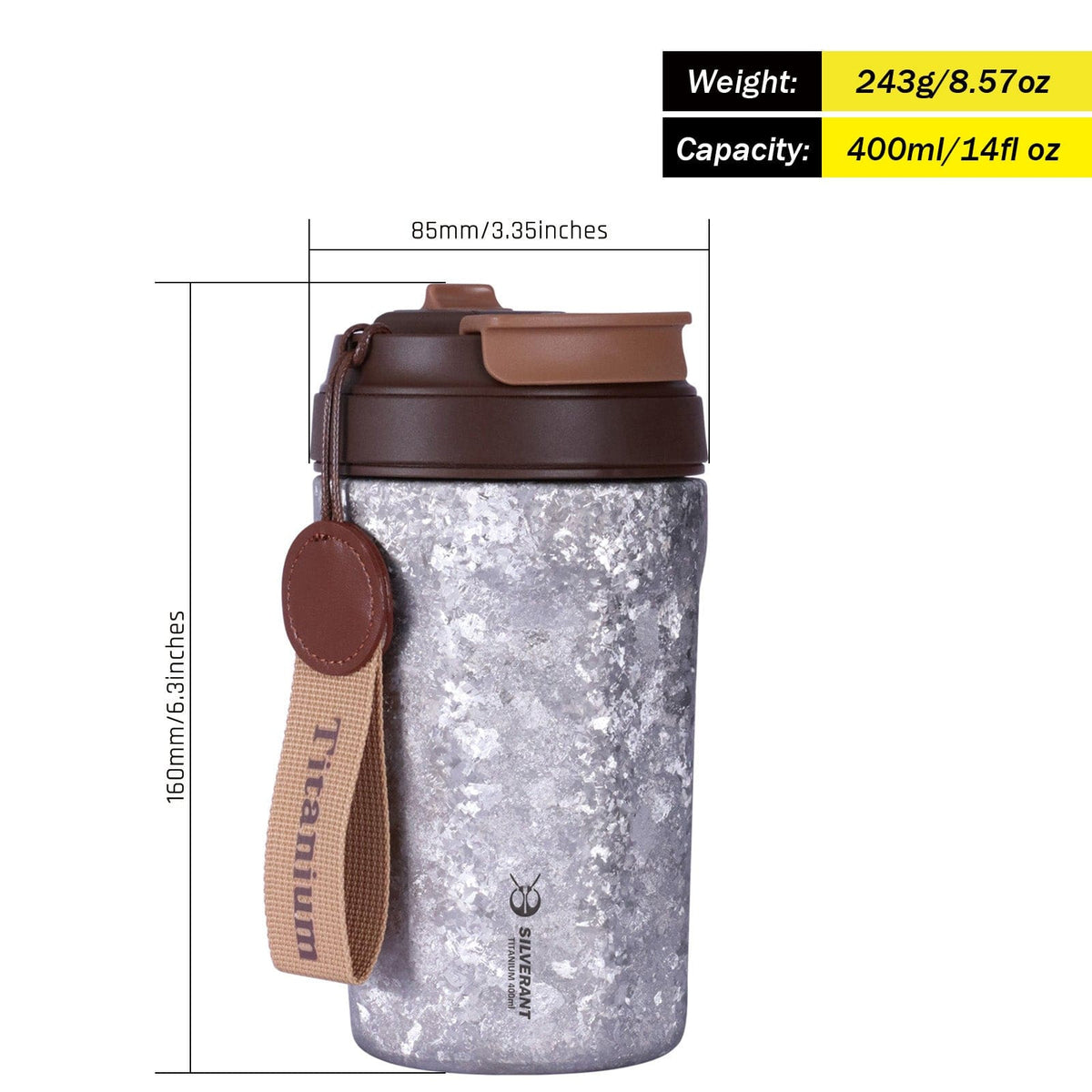 SilverAnt Ultralight Crystallized Titanium Insulated Travel Coffee Mug with Lid 400ml/14 fl oz - Classic Silver weight, dimensions, and capacity
